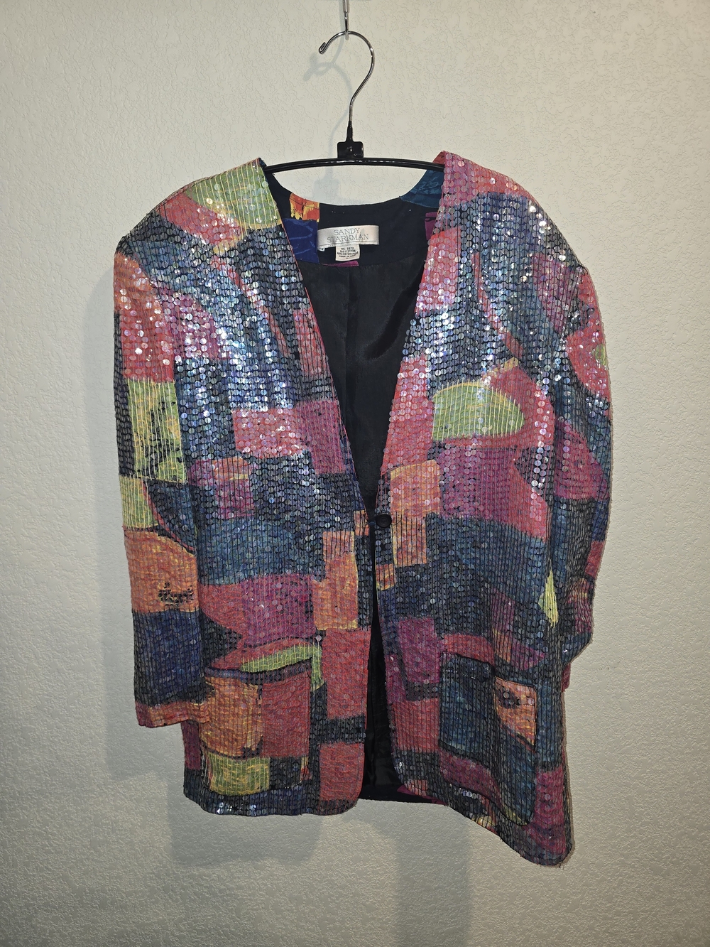 Vintage Sandy Starkman Women's Large Sequin Colorblock Open Front Jacket Blazer